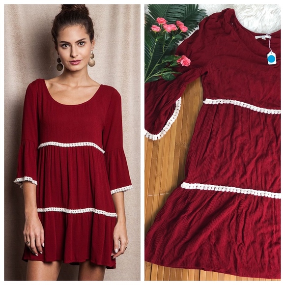 Umgee Tops - Umgee Crimson red babydoll bell sleeve tunic dress